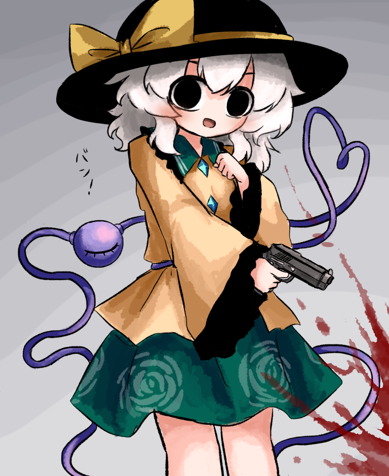 heripantomorrow, komeiji koishi, touhou, translation request, 1girl, :d, black eyes, black hat, blood, blood on clothes, blood spray, blush, bow, buttons, collared shirt, diamond button, floral print, frilled shirt collar, frilled sleeves, frills, green skirt, grey background, grey hair, gun, hand up, handgun, hat, hat bow, heart, heart of string, holding, holding gun, holding weapon, looking at viewer, medium hair, open mouth, rose print, shirt, skirt, smile, solo, third eye, weapon, yellow bow, yellow shirt