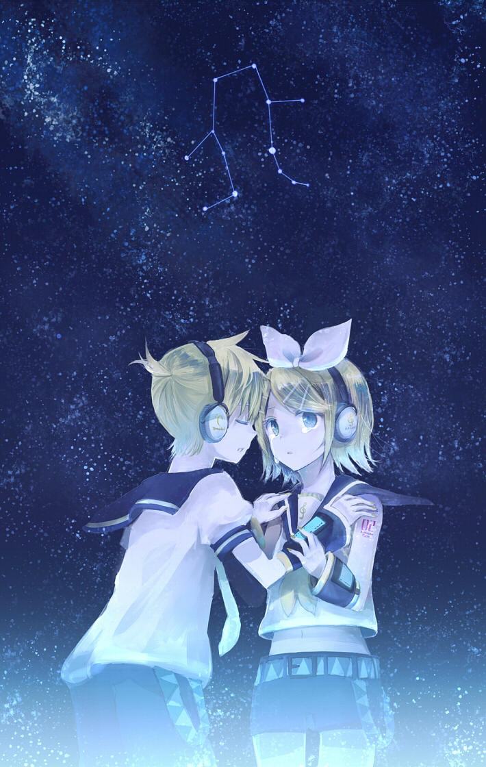 amamizu (pixiv), usui (tripcube), kagamine len, kagamine rin, gemini (vocaloid), vocaloid, bad id, bad pixiv id, 1boy, 1girl, blonde hair, blue eyes, brother and sister, constellation, gemini (constellation), gemini (zodiac), hair ornament, hair ribbon, hairclip, headphones, midriff, night, ribbon, sailor collar, short hair, shorts, siblings, sky, star (sky), star (symbol), starry sky, tears, twins, zodiac