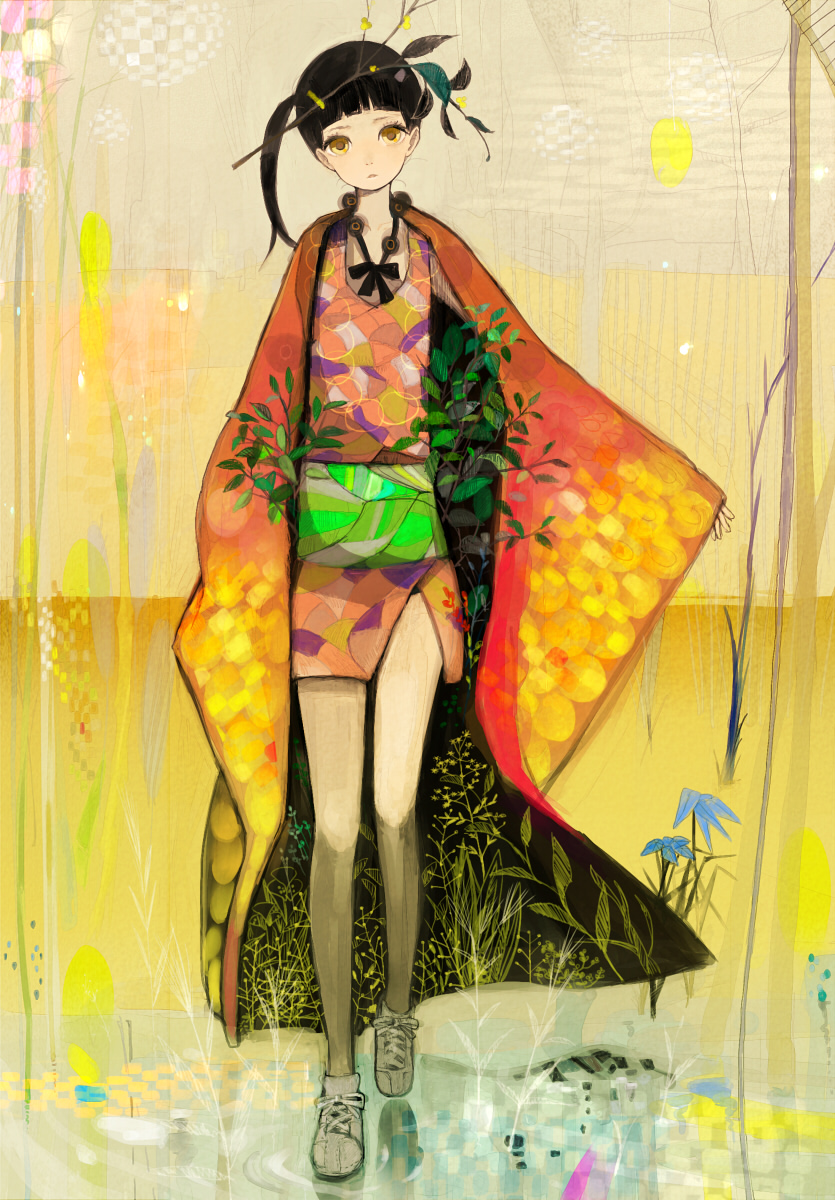 felt, original, highres, 1girl, black hair, brown eyes, female focus, flat chest, flower, japanese clothes, kimono, legs, nature, shoes, short kimono, side ponytail, sneakers, solo