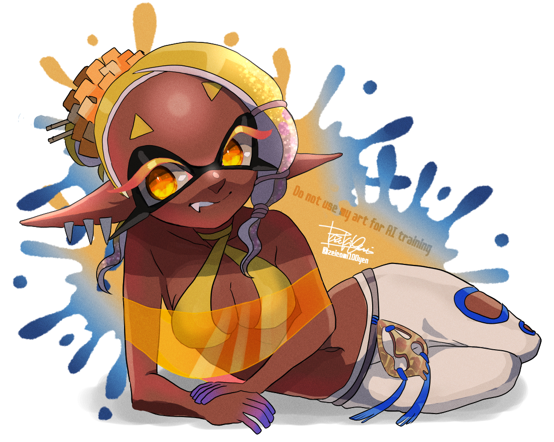 isamu-ki (yuuki), frye (splatoon), nintendo, splatoon (series), splatoon 3, 1girl, artist name, asymmetrical hair, bare shoulders, blonde hair, blue hair, breasts, cleavage, cleavage cutout, closed mouth, clothing cutout, collarbone, colored eyelashes, colored skin, crop top, cross-shaped pupils, dark-skinned female, dark skin, earrings, fang, fang out, food, food-themed hair ornament, food on head, forehead, full body, gradient hair, hair ornament, hair tie, halterneck, harem pants, jewelry, long pointy ears, looking at viewer, lying, medium breasts, medium hair, midriff, multicolored hair, multicolored skin, multiple earrings, navel, object on head, on side, paint splatter, pants, pointy ears, poncho, purple hair, purple skin, see-through clothes, shawl, shirt, short eyebrows, sidelocks, simple background, sleeveless, sleeveless shirt, smile, solo, star-shaped pupils, star (symbol), stomach, symbol-shaped pupils, teeth, tempura, tentacle hair, twitter username, two-tone hair, two-tone skin, very dark skin, white background, white pants, yellow eyes, yellow pupils, yellow shirt