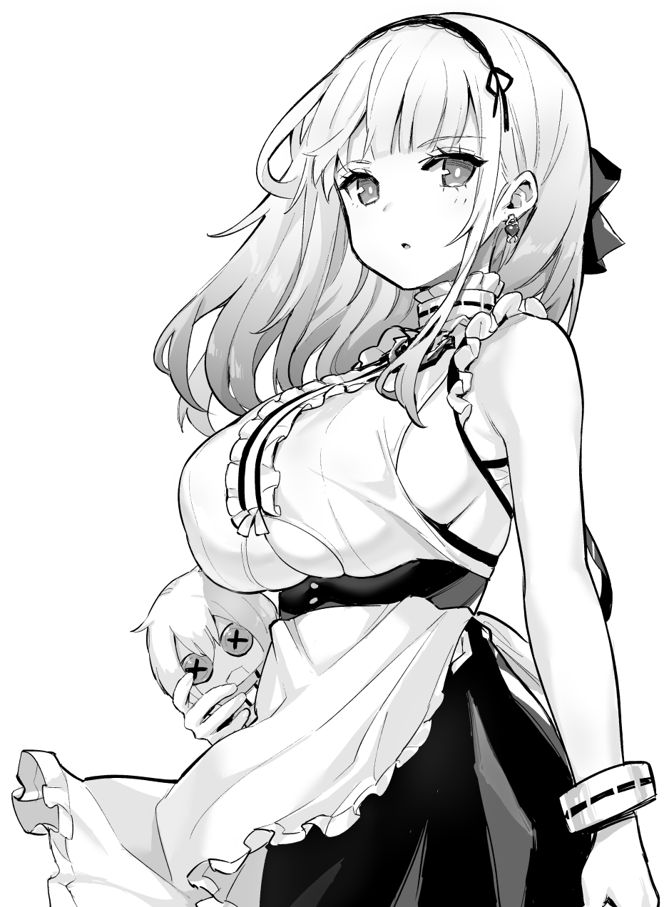 hori (hori no su), dido (azur lane), azur lane, commentary, highres, official art, 1girl, anchor choker, apron, bare shoulders, bow, bracelet, breasts, button eyes, buttons, chestnut mouth, clothing cutout, cowboy shot, dot nose, earrings, eyelashes, frills, greyscale, hair bow, hair ornament, hair ribbon, hairband, holding, holding stuffed toy, jewelry, lace-trimmed hairband, lace trim, large breasts, long hair, maid, maid apron, monochrome, open mouth, ribbon, sideboob, sleeveless, solo, stuffed animal, stuffed toy, underboob, underboob cutout, waist apron, white background