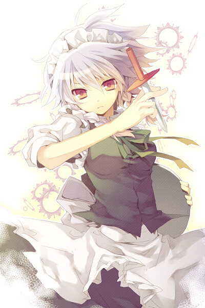 al, mugura, izayoi sakuya, touhou, silver hair, bad id, bad pixiv id, 1girl, between fingers, braid, brown eyes, female focus, holding, knife, maid, maid headdress, orange eyes, short hair, solo, throwing knife, twin braids, weapon
