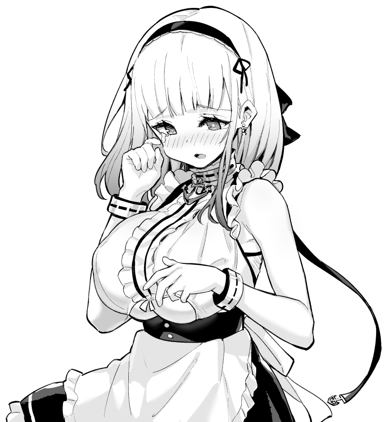 hori (hori no su), dido (azur lane), azur lane, commentary, official art, 1girl, anchor choker, apron, bare shoulders, blush, bow, bracelet, breasts, button eyes, buttons, clothing cutout, cowboy shot, crying, crying with eyes open, dot nose, earrings, eyelashes, finger to eye, frills, greyscale, hair bow, hair ornament, hair ribbon, hairband, jewelry, lace-trimmed hairband, lace trim, large breasts, long hair, maid, maid apron, monochrome, open mouth, raised inner eyebrows, ribbon, sad, sideboob, sleeveless, solo, tears, underboob, underboob cutout, waist apron, wavy mouth, white background