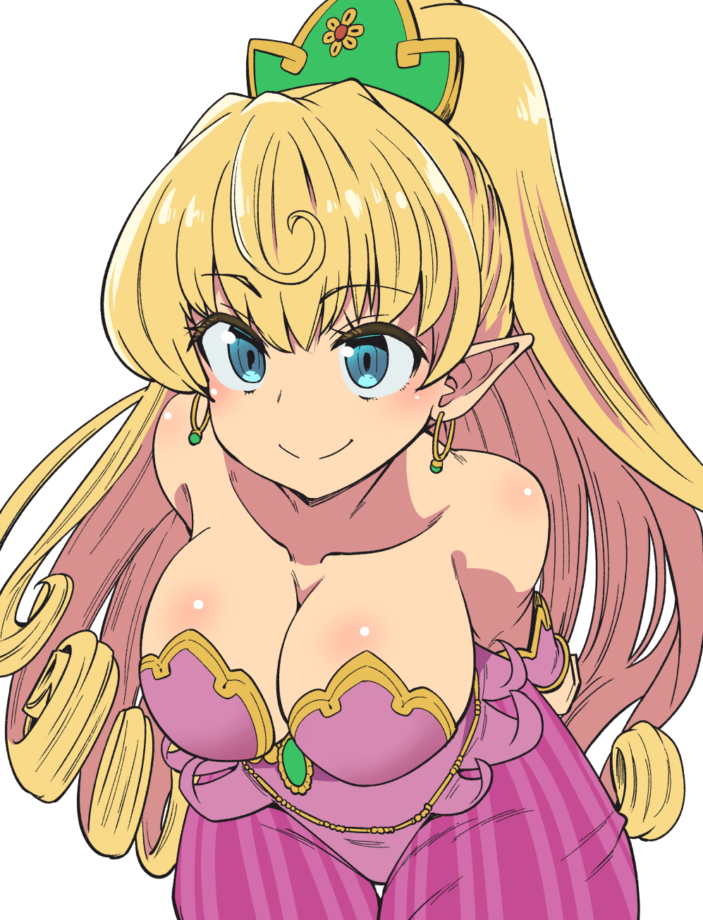 t shatsu, primm (seiken densetsu 2), seiken densetsu, seiken densetsu 2, highres, 1girl, bare shoulders, blonde hair, blue eyes, breasts, cleavage, closed mouth, dress, earrings, hoop earrings, jewelry, large breasts, long hair, looking at viewer, pointy ears, ponytail, simple background, smile, solo, very long hair, white background