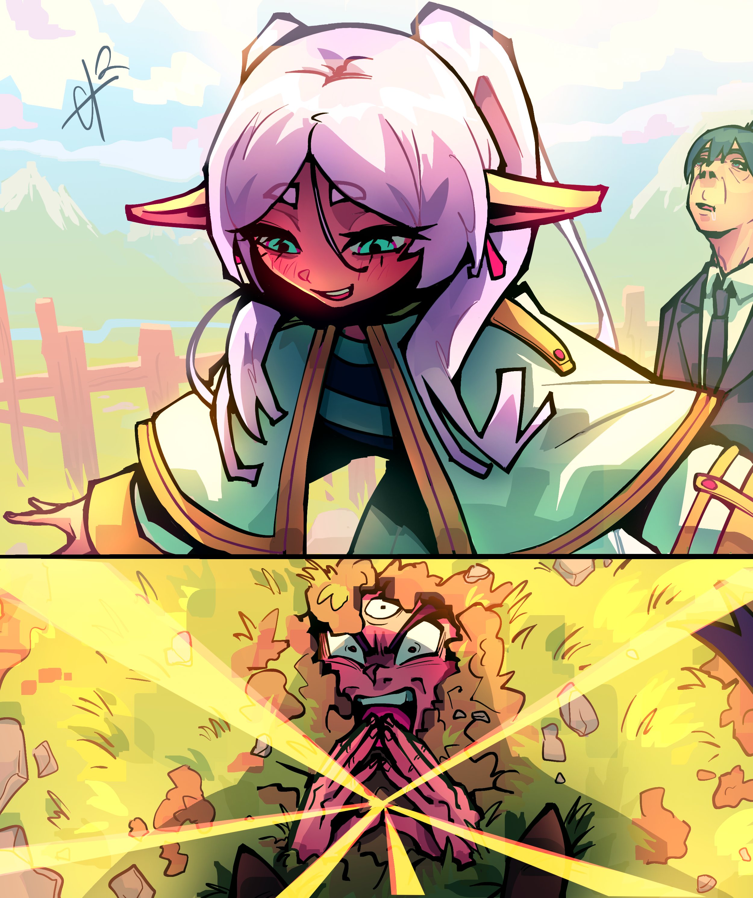 alpharecdyt, frieren, himmel (sousou no frieren), tenshinhan, dragon ball, sousou no frieren, absurdres, highres, 1girl, black eyes, capelet, dress, earrings, elf, floating earrings, green eyes, jewelry, kikouhou, long hair, long sleeves, multiple boys, open mouth, parted bangs, pointy ears, smile, teardrop earrings, third eye, triclops, twintails, white capelet, white hair