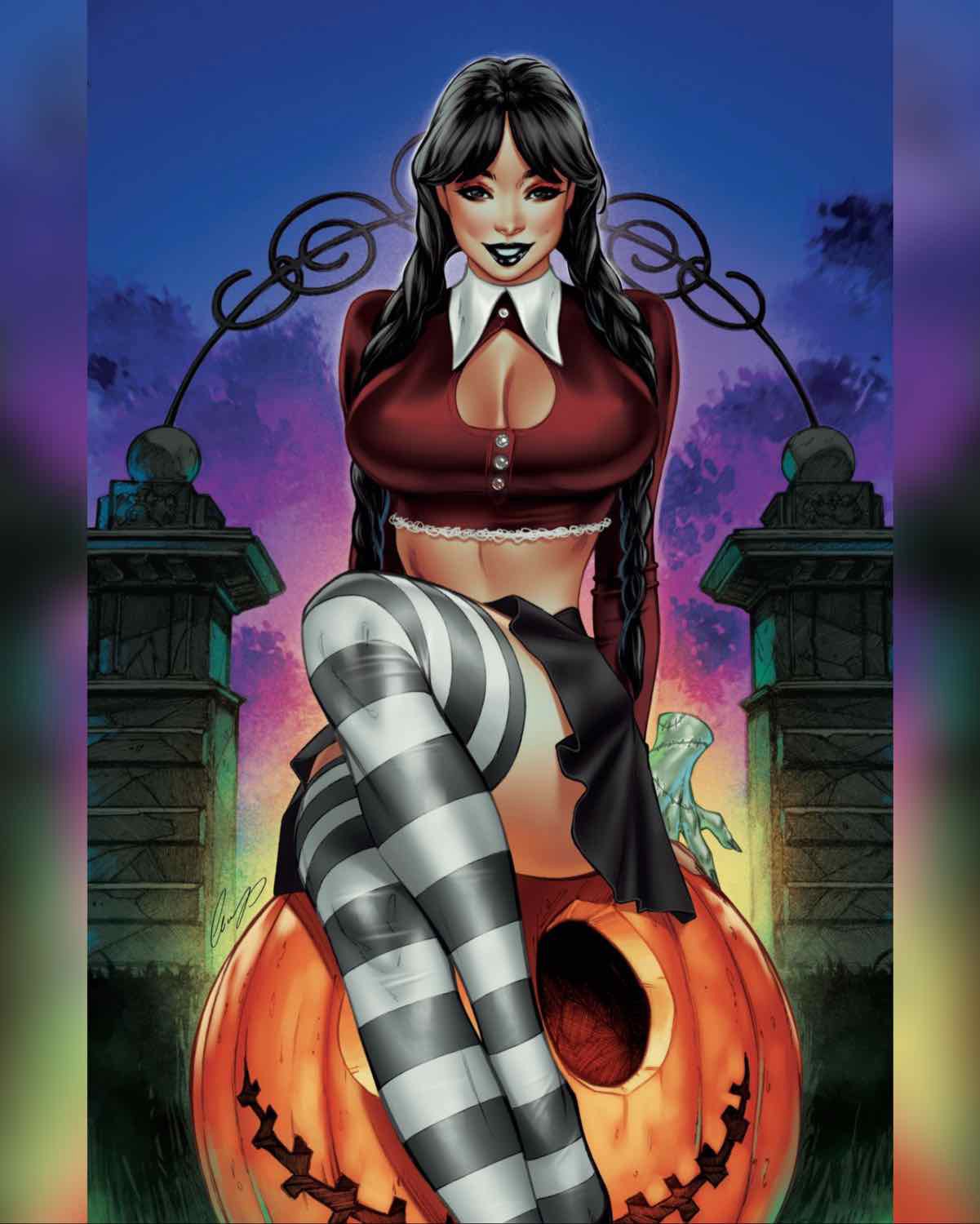 elias chatzoudis, wednesday addams, the addams family, highres, 1girl, black hair, black lips, black skirt, black thighhighs, braid, breasts, brown shirt, cleavage, cleavage cutout, clothing cutout, crop top, jack-o'-lantern, large breasts, long hair, outdoors, pillarboxed, pleated skirt, shirt, sitting, skirt, solo, striped clothes, striped thighhighs, sunset, thighhighs, twin braids, two-tone thighhighs, white thighhighs