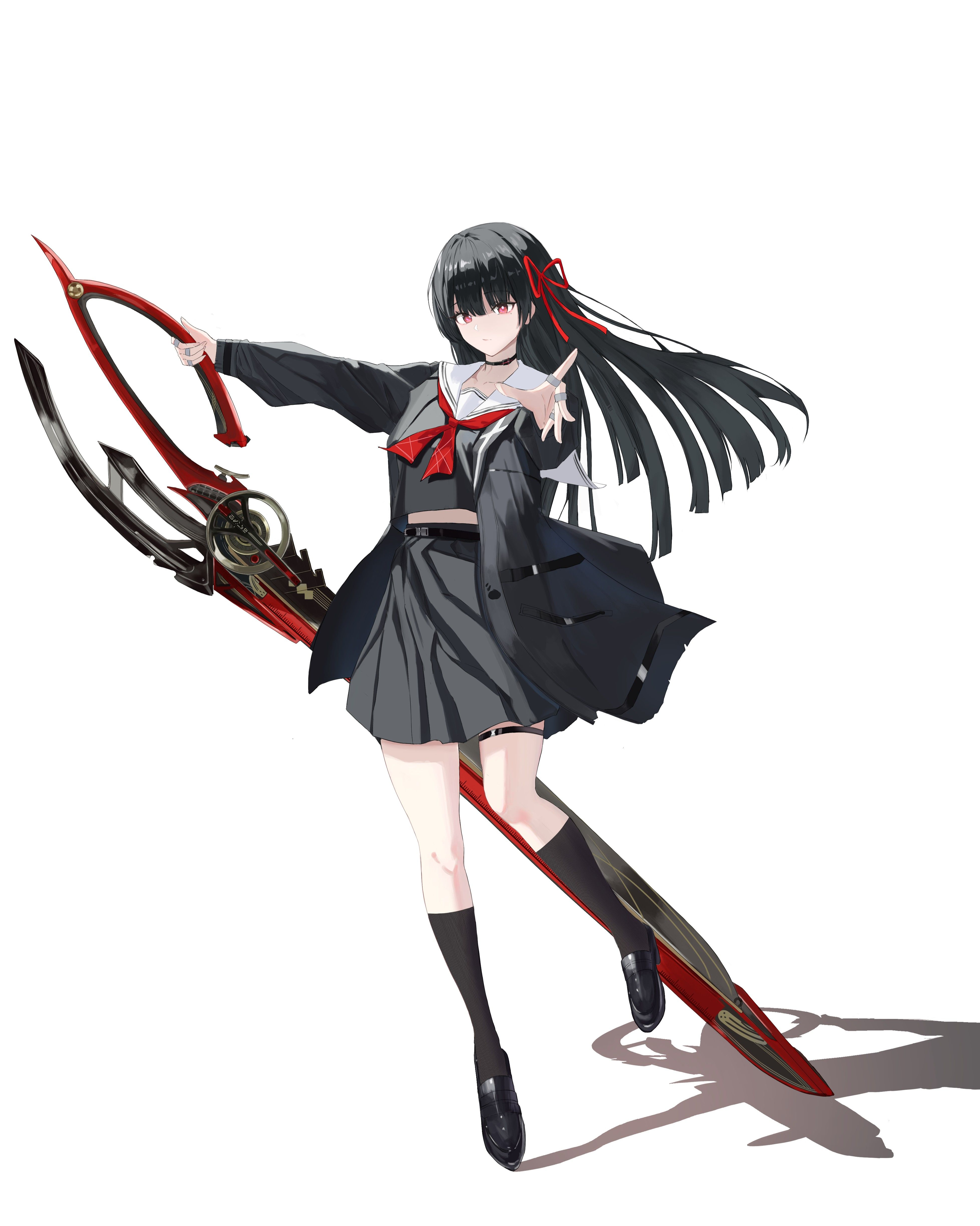chisa (wuthering waves), wuthering waves, absurdres, highres, 1girl, black choker, black serafuku, black shirt, black skirt, choker, hair ribbon, mole, mole under eye, neckerchief, punishment13, red neckerchief, red ribbon, ribbon, sailor collar, school uniform, serafuku, shirt, simple background, skirt, solo, white background, white sailor collar