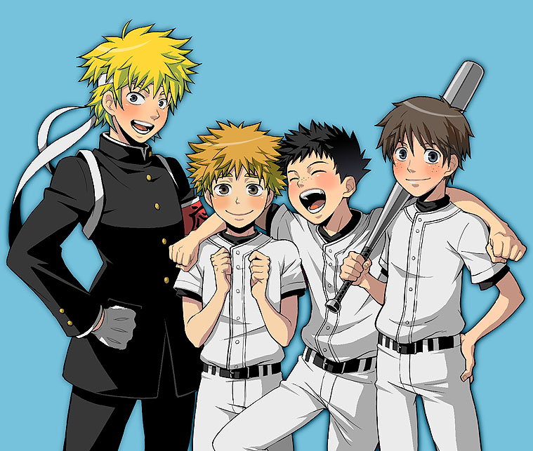 bantrain, togatsuko, hamada yoshirou, izumi kousuke, mihashi ren, tajima yuuichirou, ookiku furikabutte, 00s, baseball bat, baseball uniform, black hair, blonde hair, brown eyes, closed eyes, freckles, headband, male focus, open mouth, short hair, simple background, sportswear