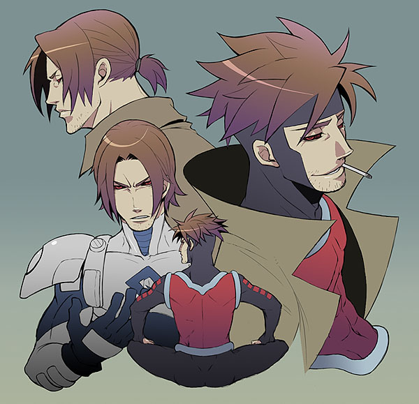 togatsuko, gambit, marvel, x-men, alternate costume, animification, brown hair, cigarette, coat, facial hair, male focus, ponytail, red eyes, reference sheet, simple background, smoking, stubble, trench coat