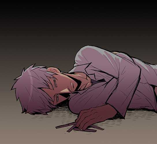 bantrain, togatsuko, akagi shigeru, akagi, 1boy, brown eyes, lying, male focus, short hair, simple background, solo, white hair