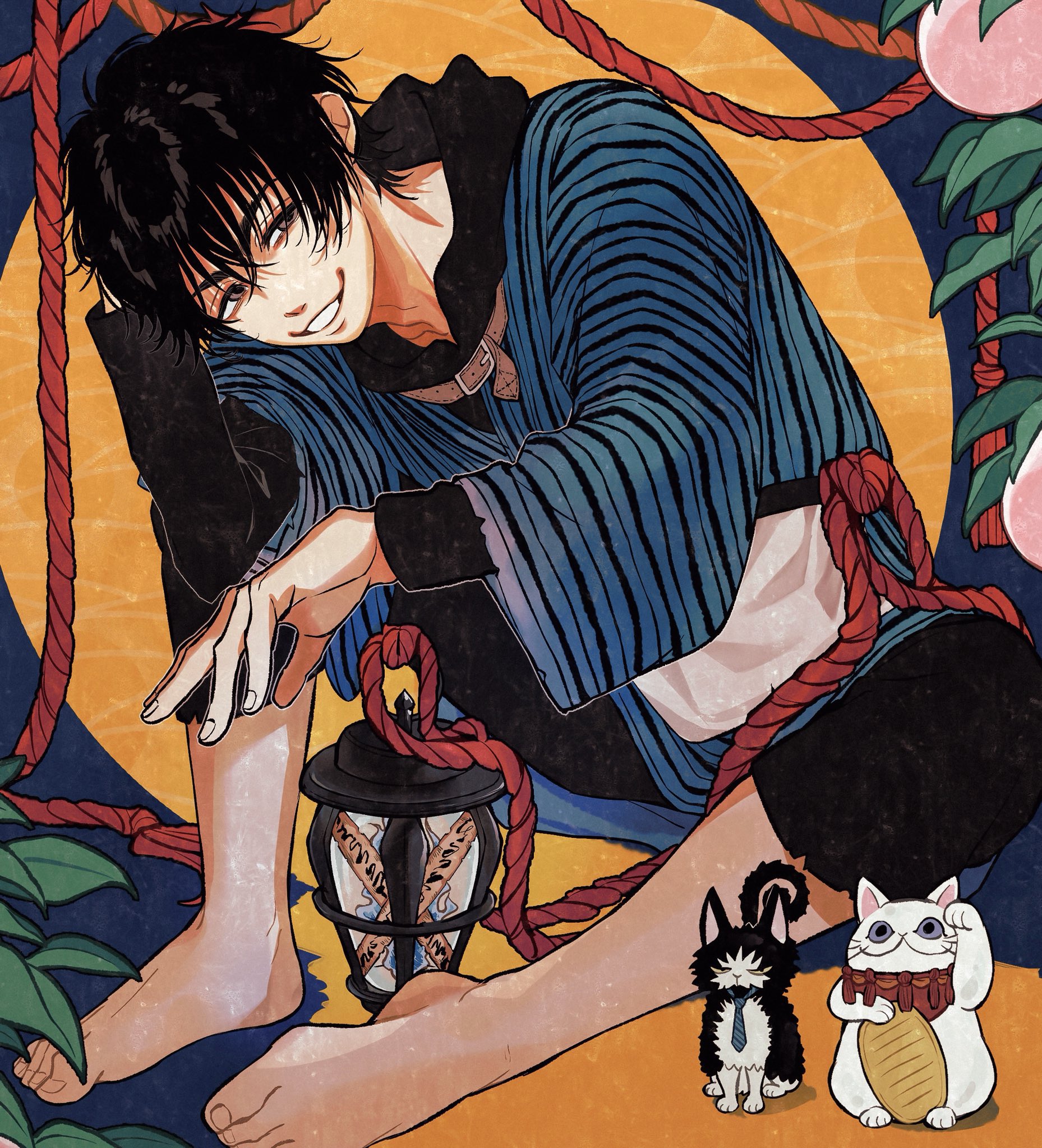 sanomaru yuruta, mogura momoyuki, dekin no mogura, 1boy, barefoot, black hair, black hoodie, hood, hoodie, japanese clothes, kimono, lantern, male focus, sitting, smile, solo, striped clothes, striped kimono
