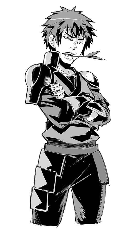 bantrain, togatsuko, character request, 1boy, armor, crossed arms, male focus, monochrome, open mouth, simple background, solo