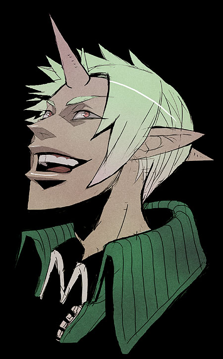 bantrain, togatsuko, character request, 1boy, blonde hair, horns, male focus, open mouth, pointy ears, short hair, simple background, single horn, solo