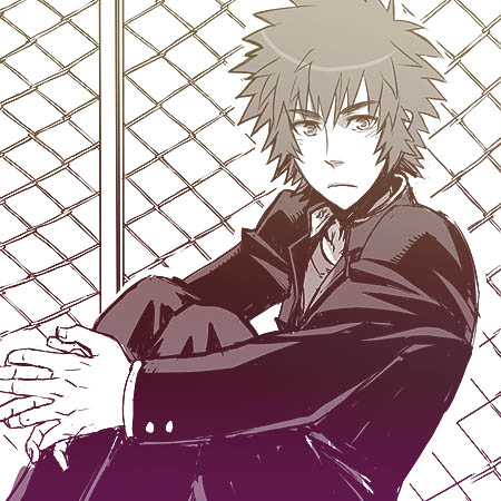 bantrain, togatsuko, character request, lowres, 1boy, fence, male focus, monochrome, short hair, solo