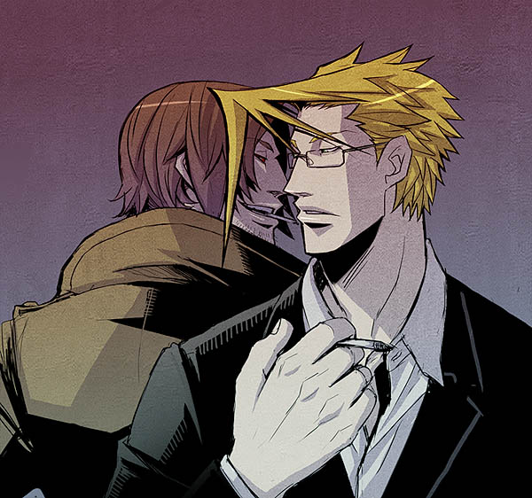 bantrain, togatsuko, charlie nash, gambit, capcom, marvel, street fighter, x-men, blonde hair, brown hair, cigarette, coat, formal clothes, glasses, male focus, red eyes, simple background, suit, trench coat