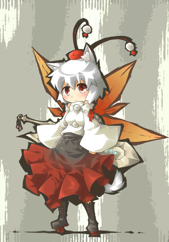 ara ta, harada (sansei rain), inubashiri momiji, touhou, bad id, bad pixiv id, 1girl, alternate weapon, animal ears, detached sleeves, female focus, geta, hat, red eyes, short hair, solo, sword, tail, tengu-geta, tokin hat, weapon, white hair, wolf ears, wolf tail
