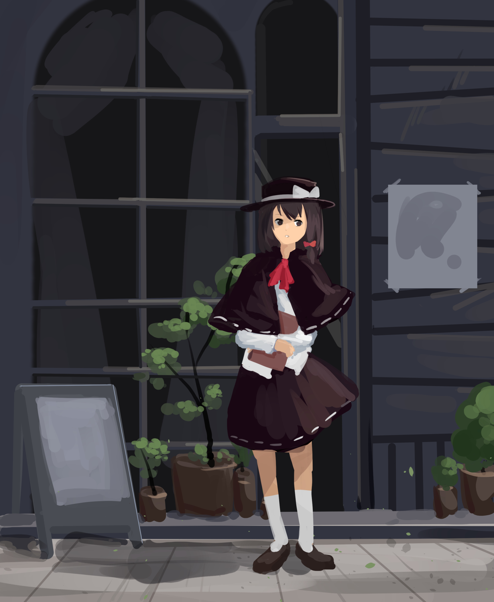 furahata gen, usami renko, touhou, highres, 1girl, black capelet, black hat, black shoes, black skirt, bonsai, book, bow, bowtie, brown eyes, brown hair, capelet, door, flower pot, hair between eyes, hair bow, hat, hat bow, holding, holding book, long sleeves, looking to the side, menu board, open mouth, outdoors, pavement, red bow, red bowtie, shirt, shoes, short hair, skirt, socks, solo, standing, white bow, white shirt, white socks, window