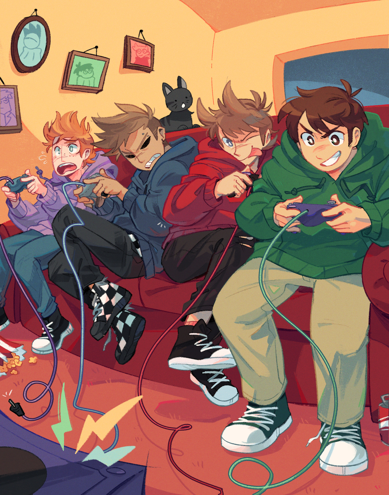 orphetoon, edd (eddsworld), matt (eddsworld), tom (eddsworld), eddsworld, commentary, highres, 4boys, blue hoodie, bright pupils, brown eyes, brown hair, cat, controller, couch, freckles, game console, gamecube, green hoodie, grin, holding, holding controller, hood, hood down, hoodie, indoors, long sleeves, male focus, multiple boys, one eye closed, orange hair, playing games, purple hoodie, red hoodie, ringo (eddsworld), shoes, short hair, sitting, smile, sneakers, spiked hair, tongue, tongue out, tord (eddsworld), white pupils