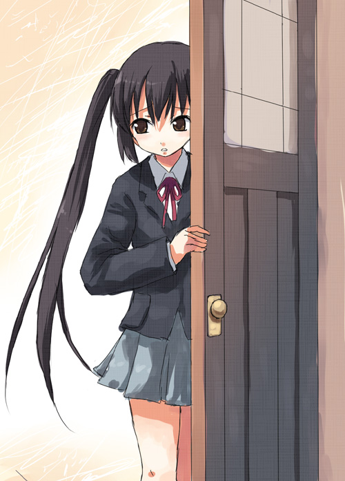 yakka, nakano azusa, k-on!, 00s, 1girl, black hair, blush, brown eyes, door, female focus, long hair, neck ribbon, red ribbon, ribbon, school uniform, skirt, solo, twintails