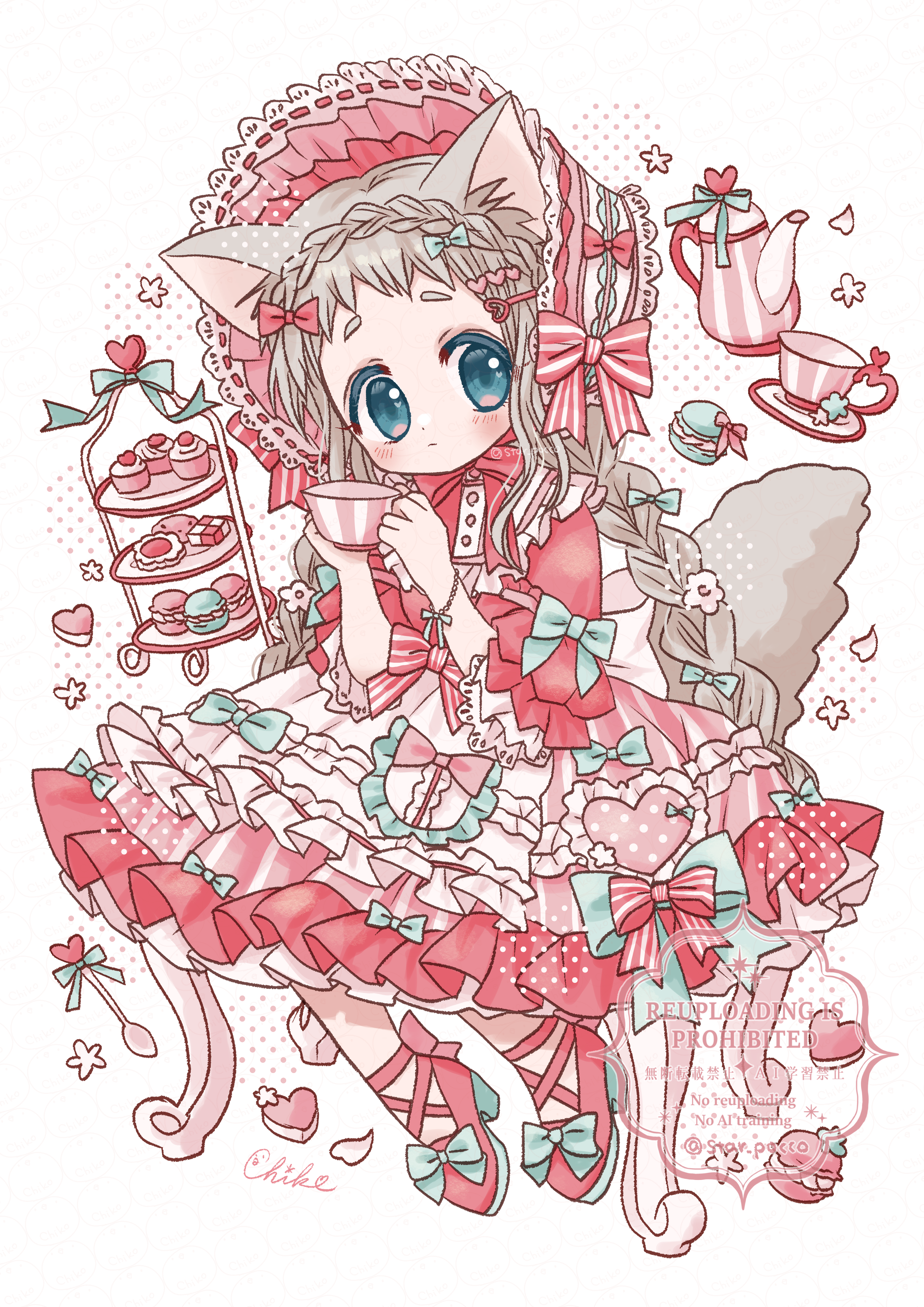 original, absurdres, commentary request, highres, variant set, 1girl, accurate lolita coord, animal ears, aqua eyes, blonde hair, blush, bonnet, bow, braid, cat ears, cat girl, cat tail, chiko (star pocco), crown braid, cup, cupcake, dress, fashion, food, frilled dress, frills, heart, high heels, holding, holding cup, lolita fashion, looking at viewer, low twin braids, macaron, pink dress, sitting, solo, sweet lolita, tail, teapot, tiered tray, twin braids, watermark