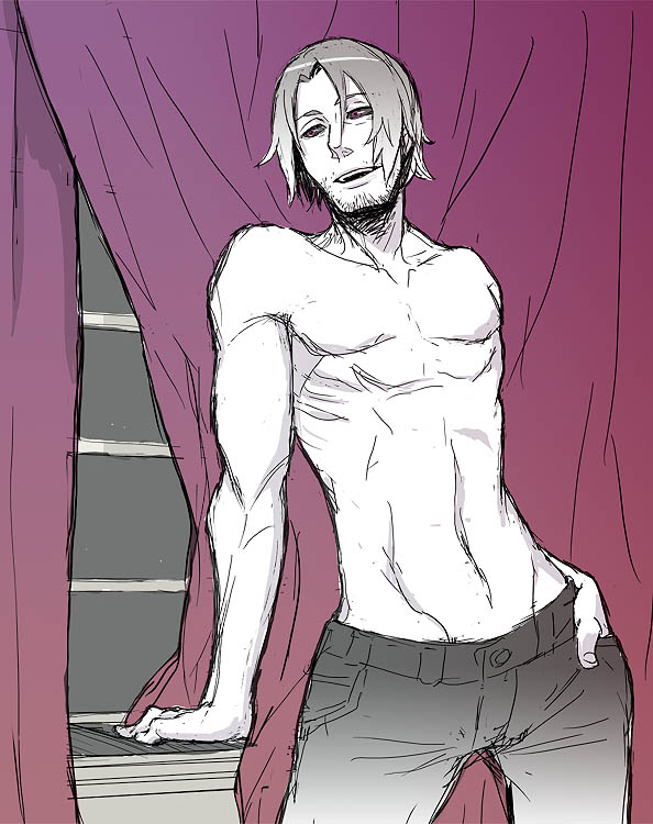 bantrain, togatsuko, gambit, marvel, x-men, facial hair, male focus, red eyes, sketch, stubble, topless male