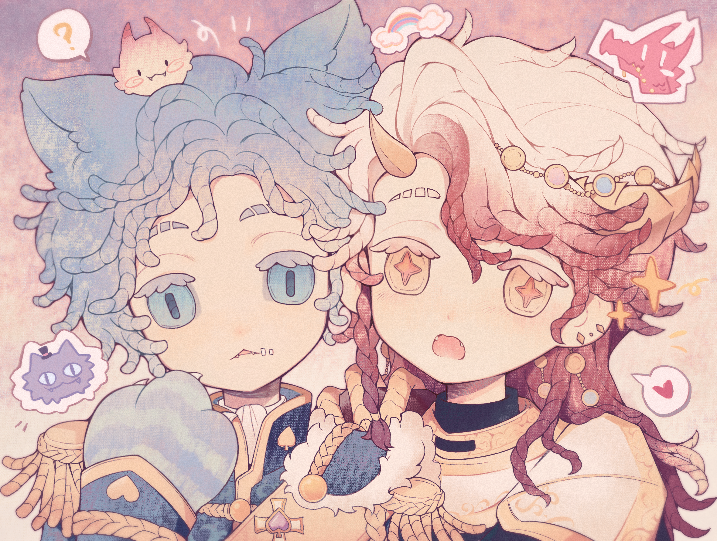 chunjian (chenlu769), frederick kreiburg (dragon hunter), naib subedar, naib subedar (cheshire cat), identity v, commentary request, highres, 2boys, animal ears, animal hands, blue eyes, blue hair, button eyes, buttons, cat ears, cat paws, colored eyelashes, eyelashes, fangs, frederick kreiburg, gradient hair, heart, horns, long hair, male focus, multicolored hair, multiple boys, official alternate costume, portrait, raised eyebrows, red hair, slit pupils, spoken heart, star-shaped pupils, star (symbol), symbol-shaped pupils, triangle mouth, wavy hair, white hair, yellow horns