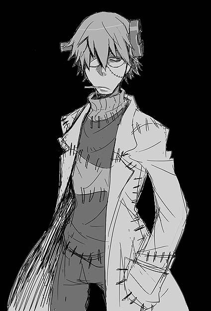 bantrain, togatsuko, franken stein (soul eater), soul eater, 00s, cigarette, glasses, jacket, male focus, monochrome, scar, simple background, sketch, smoking, stitches