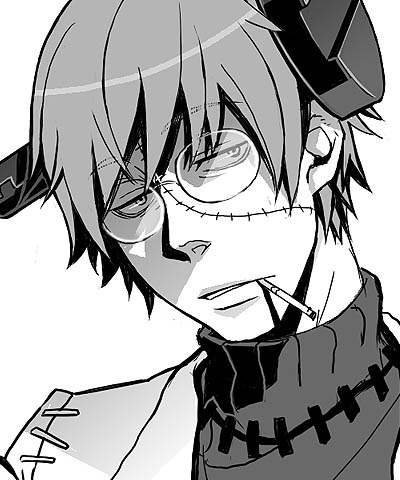 bantrain, togatsuko, franken stein (soul eater), soul eater, lowres, 00s, 1boy, glasses, male focus, monochrome, scar, simple background, smoking, solo, stitches