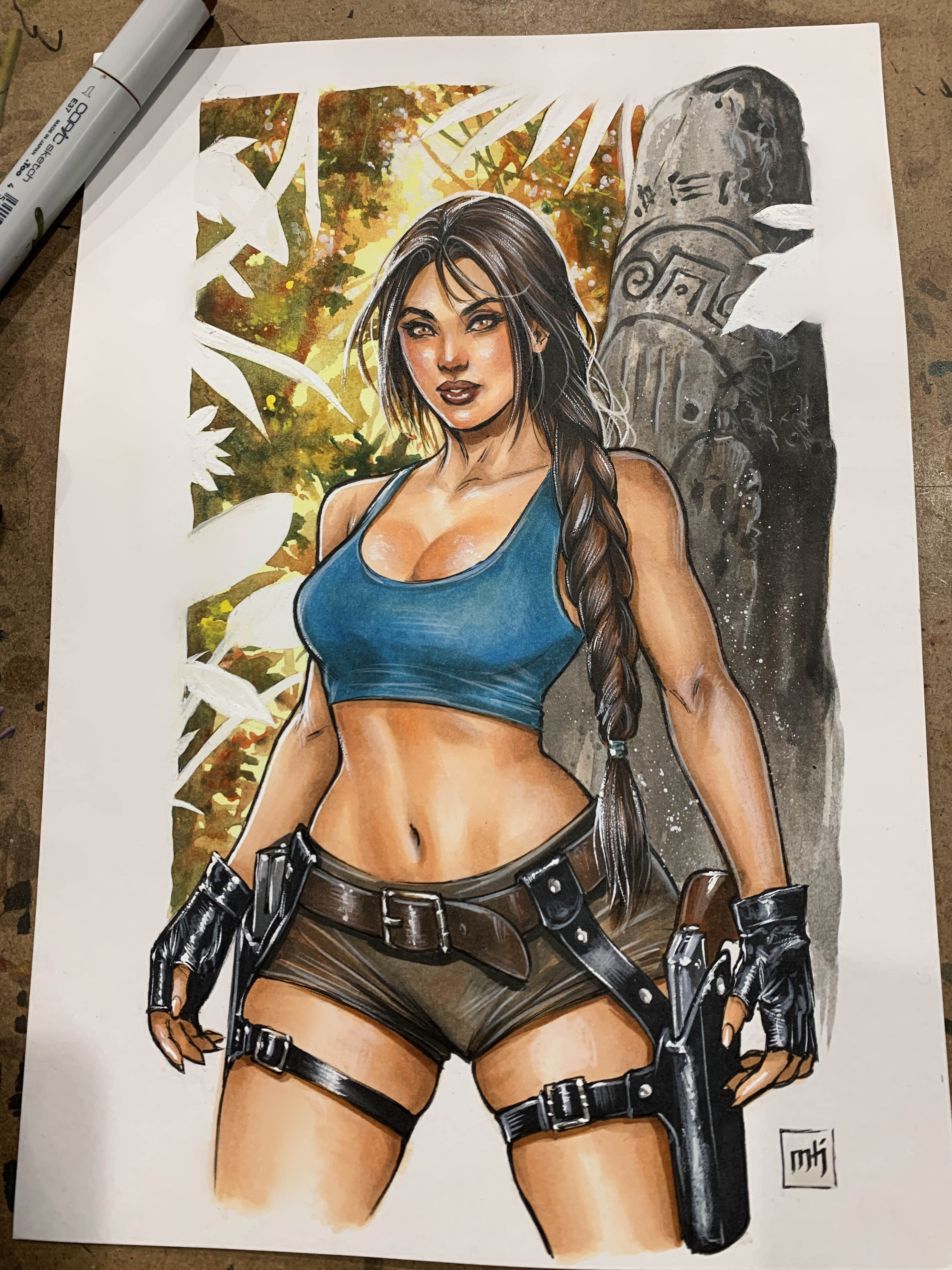 mike krome, lara croft, tomb raider, absurdres, commentary, english commentary, highres, marker (medium), photo (medium), traditional media, 1girl, black gloves, blue tank top, breasts, brown shorts, cleavage, fingerless gloves, gloves, gun, long hair, looking at viewer, marker, medium breasts, midriff, navel, short shorts, shorts, solo, tank top, weapon