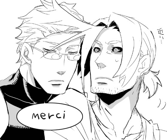 bantrain, togatsuko, charlie nash, gambit, capcom, marvel, street fighter, x-men, facial hair, french text, glasses, male focus, sketch, stubble