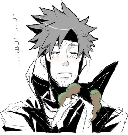 bantrain, togatsuko, gambit, marvel, x-men, lowres, blush, closed eyes, coat, eating, facial hair, food, headband, male focus, short hair, sketch, stubble, trench coat