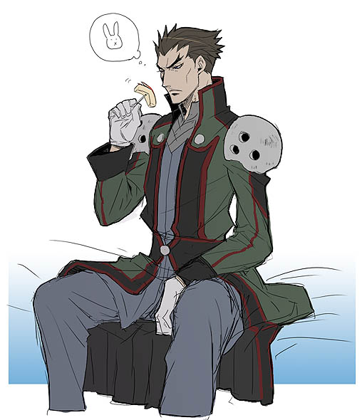 bantrain, togatsuko, toudou kyoushirou, code geass, 00s, 1boy, brown hair, food, gloves, male focus, rabbit, short hair, simple background, sitting, solo