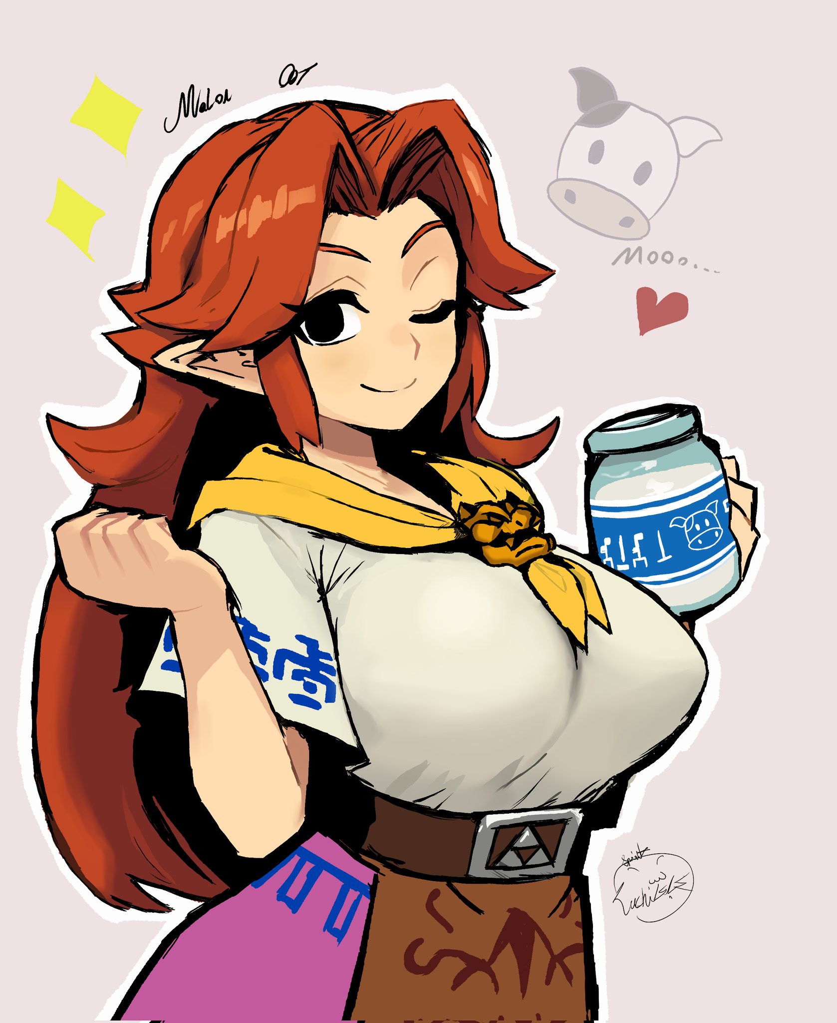 lunchiblz, malon, nintendo, the legend of zelda, the legend of zelda: ocarina of time, highres, 1girl, belt, bottle, breasts, curtained hair, large breasts, lon lon milk, long hair, milk bottle, neckerchief, one eye closed, orange hair, pointy breasts, pointy ears, shirt, sidelocks, skirt, smile, solo