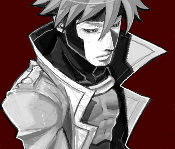 bantrain, togatsuko, gambit, marvel, x-men, 1boy, coat, collar, color background, male focus, popped collar, simple background, sketch, solo, trench coat