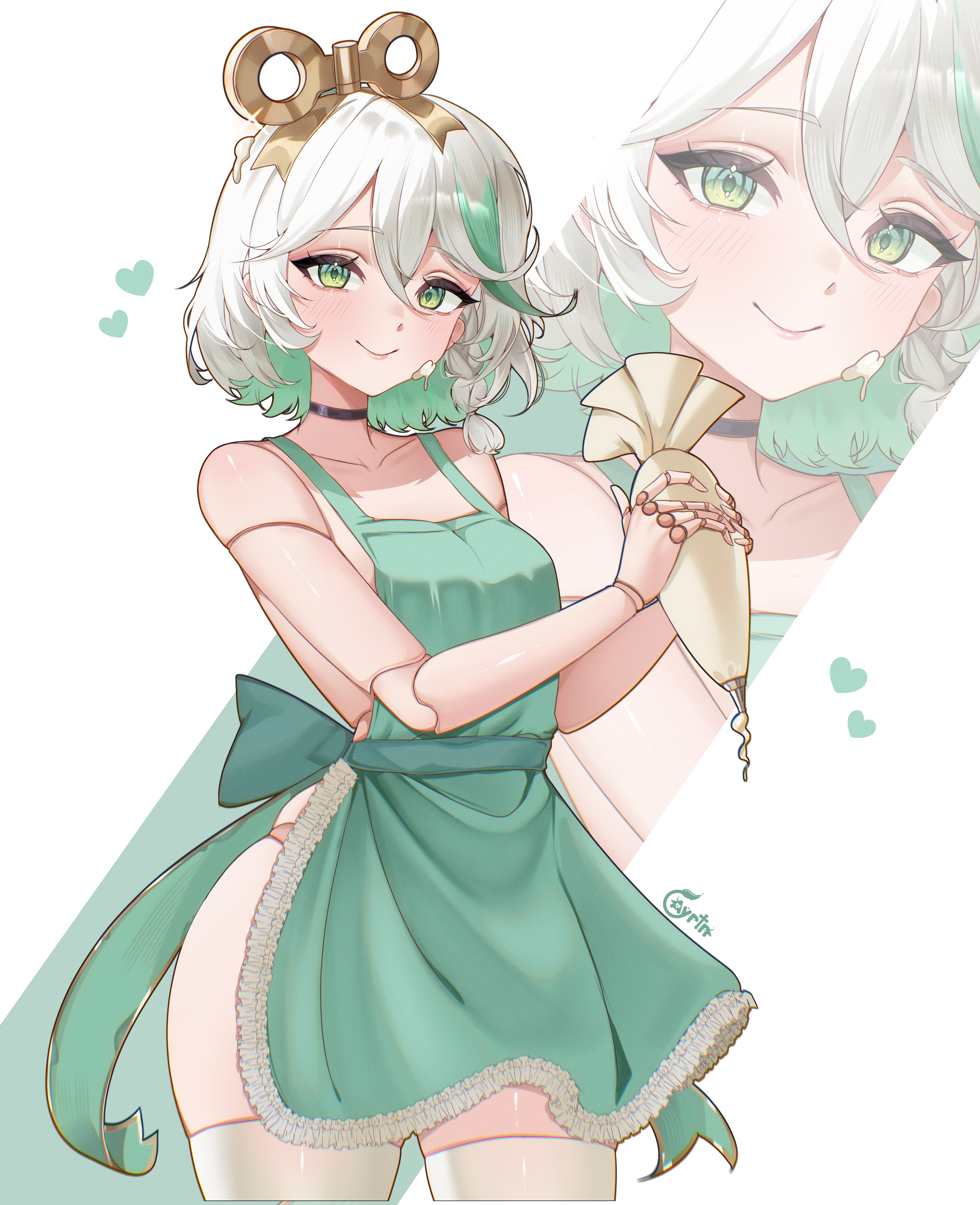 ayrinsama, cecilia immergreen, hololive, hololive english, absurdres, commentary, english commentary, highres, 1girl, apron, black choker, braid, choker, closed mouth, colored inner hair, cowboy shot, doll, doll joints, double-parted bangs, green apron, green eyes, green hair, grey hair, hair between eyes, hair ornament, holding, joints, looking at viewer, multicolored hair, nearly naked apron, short hair, side braid, simple background, single braid, smile, solo, streaked hair, thighhighs, virtual youtuber, white background, white thighhighs, winding key, zoom layer