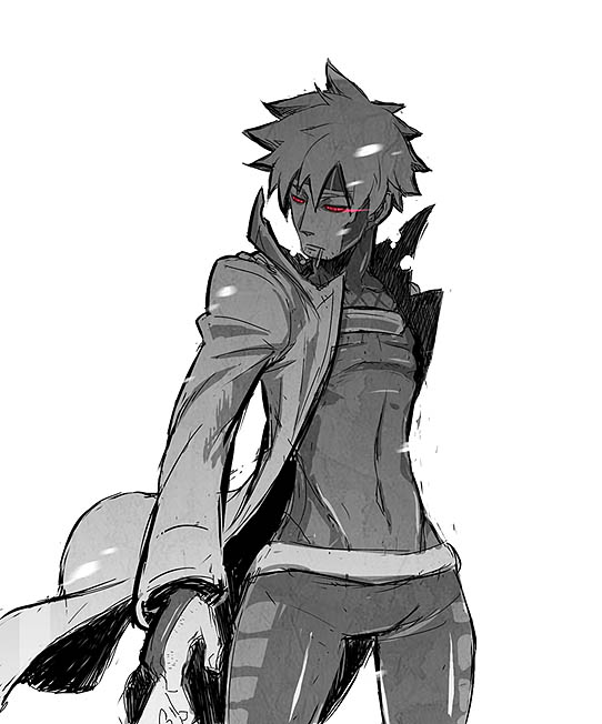 bantrain, togatsuko, gambit, marvel, x-men, bodysuit, cigarette, coat, jacket, male focus, monochrome, red eyes, simple background, spot color, trench coat