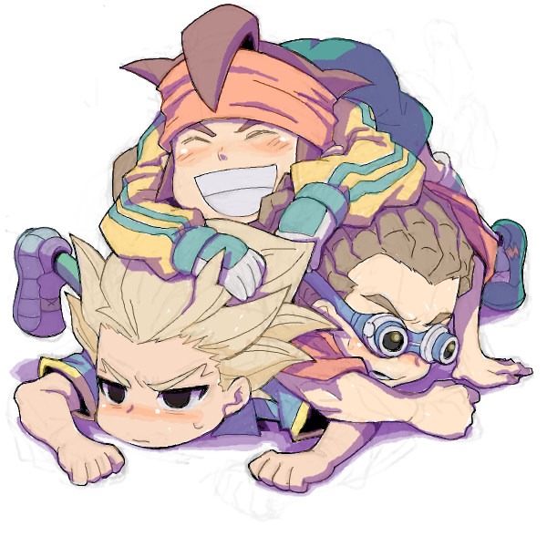 bantrain, togatsuko, endou mamoru, gouenji shuuya, kidou yuuto, inazuma eleven, inazuma eleven (series), 00s, blonde hair, blush, goggles, male focus, simple background, smile