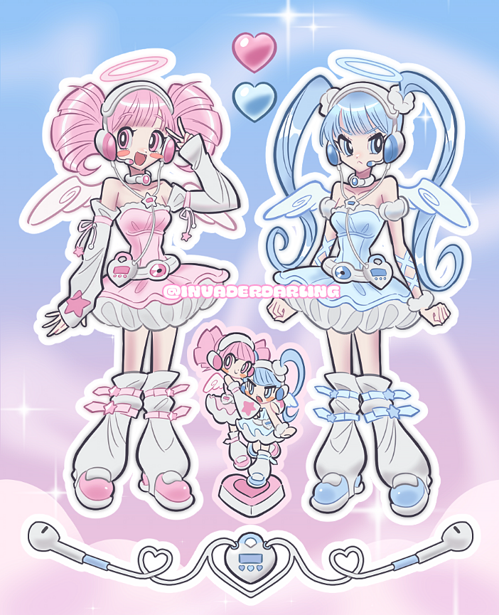 invaderdarling, original, commentary, english commentary, 2girls, angel, angel wings, blue dress, blue eyes, blue hair, blue shoes, blush stickers, cyber fashion, detached sleeves, digital media player, dress, drill hair, earbuds, earphones, figure, halo, headset, hoshiko (invaderdarling), leg warmers, long hair, looking at viewer, medium hair, multiple girls, nico (invaderdarling), open mouth, pink dress, pink eyes, pink hair, pink shoes, retrofuturism, shoes, smile, strapless, strapless dress, twin drills, twintails, very long hair, watermark, wings, y2k fashion