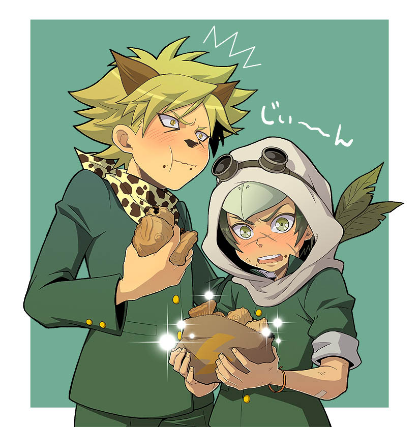 bantrain, togatsuko, character request, 2boys, blonde hair, blush, food, green eyes, multiple boys, simple background, yellow eyes