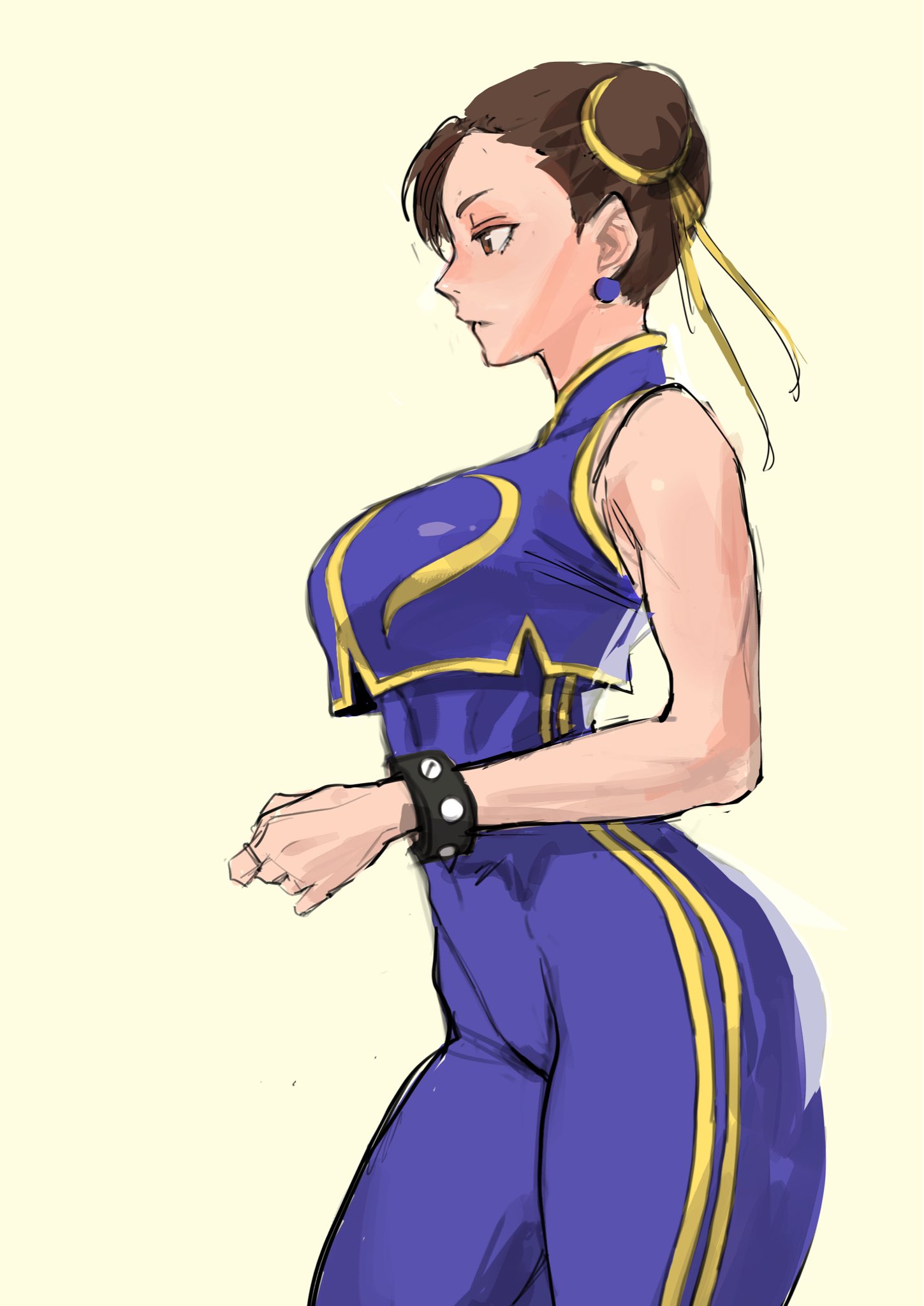 chilicayenne2d, chun-li, capcom, street fighter, street fighter zero (series), highres, 1girl, blue bodysuit, bodysuit, bracelet, breasts, brown eyes, brown hair, cowboy shot, crop top, double bun, earrings, from side, hair bun, hair ribbon, jewelry, large breasts, ribbon, sketch, solo, thick thighs, thighs, unitard, white background, yellow ribbon, yellow trim