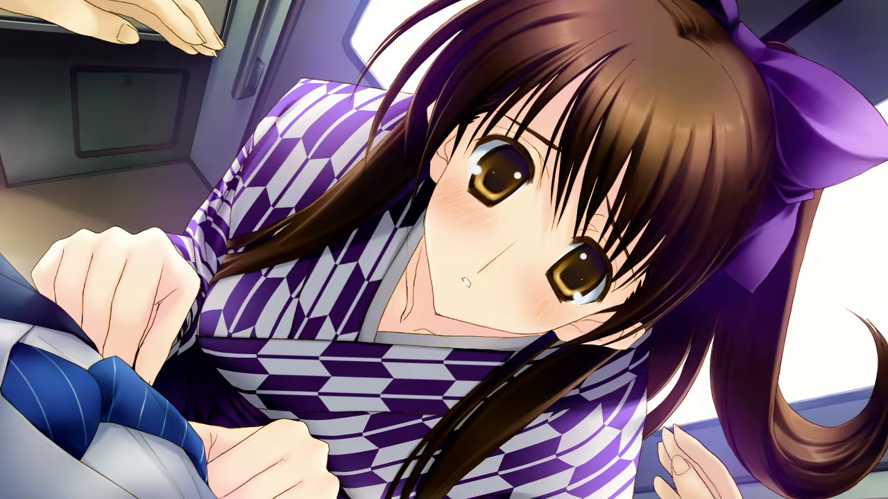 kitahara haruki, ogiso setsuna, aquaplus, white album (series), white album 2, game cg, non-web source, official art, 1boy, 1girl, arrow print, blush, bow, brown hair, hair bow, hands on another's chest, hands up, japanese clothes, kimono, leaning forward, long hair, necktie, purple bow, purple kimono, school uniform, subway, train, white kimono, window