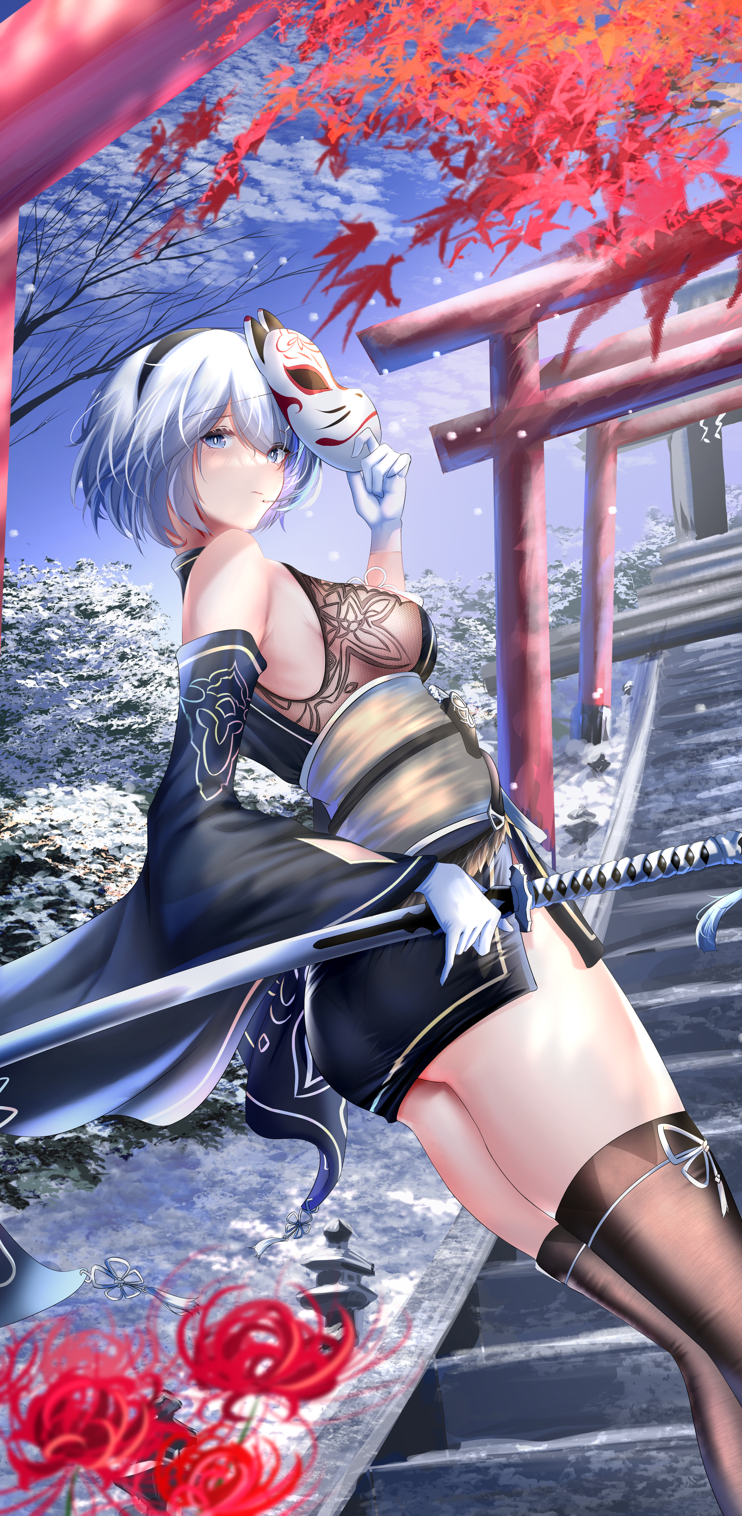 furaide, 2b (nier:automata), nier (series), absurdres, commentary request, highres, 1girl, ass, autumn leaves, blue eyes, blush, breasts, gloves, japanese clothes, katana, kimono, leaf, looking at viewer, mask, medium breasts, mole, mole under mouth, multiple torii, short hair, sky, snow, solo, sword, thighhighs, torii, weapon, white gloves, white hair
