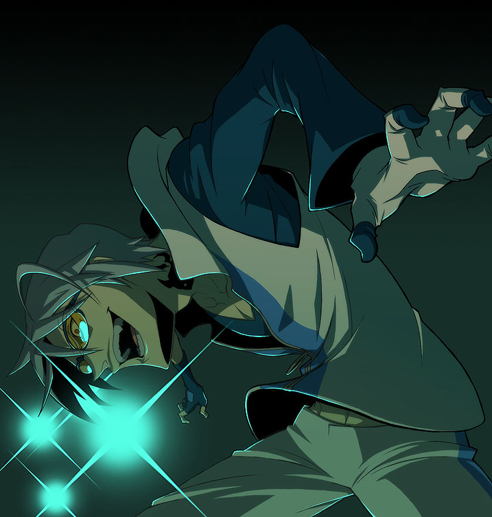 bantrain, togatsuko, character request, asymmetrical gloves, foreshortening, glasses, gloves, gradient background, male focus, mismatched gloves, open mouth, short hair, v-shaped eyebrows, white hair