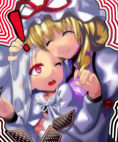 houen, white len (tsukihime), yakumo yukari, m.u.g.e.n, melty blood, touhou, tsukihime, lowres, 00s, closed eyes, crossover, hat, hug