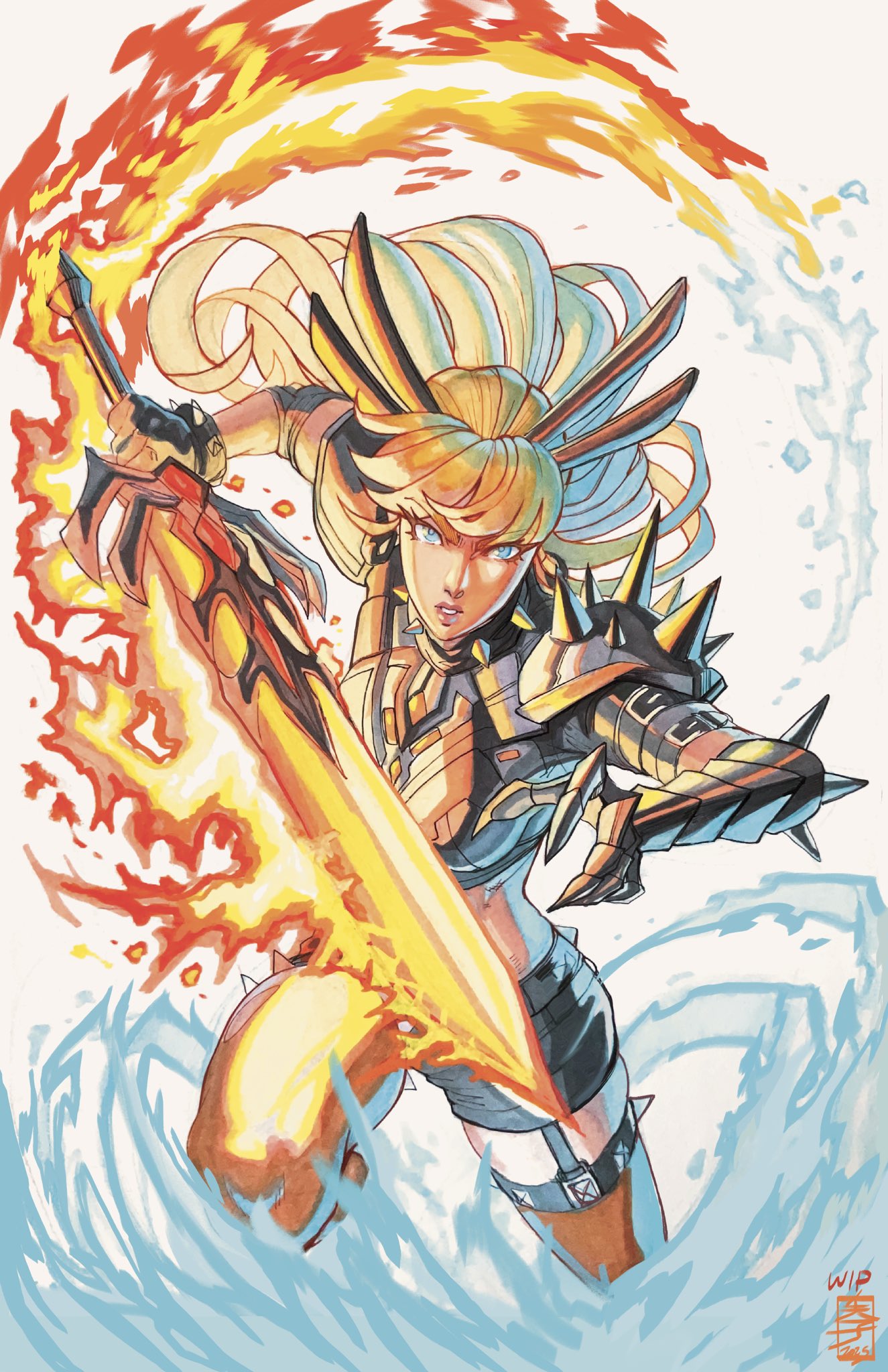 acecore2k, magik (x-men), marvel, marvel rivals, x-men, commentary, english commentary, highres, marker (medium), traditional media, unfinished, 1girl, armor, black armor, black gloves, black shorts, blonde hair, collar, earrings, fire, garter straps, gloves, glowing, glowing weapon, holding, holding sword, holding weapon, incoming attack, jewelry, long hair, looking at viewer, pauldrons, shorts, shoulder armor, single glove, single pauldron, solo, spiked collar, spiked pauldrons, spiked thigh strap, spikes, sword, weapon