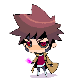 bantrain, togatsuko, gambit, marvel, x-men, lowres, 1boy, brown hair, chibi, coat, male focus, oekaki, red eyes, solo, trench coat