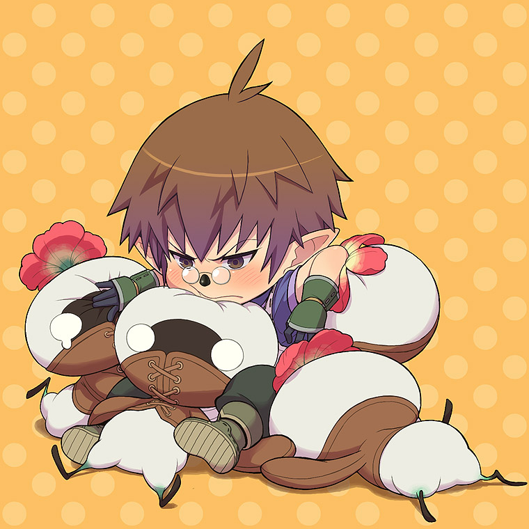 bantrain, togatsuko, mandragora (final fantasy), zonpa-zippa, final fantasy, final fantasy xi, blush, brown eyes, brown hair, flower, glasses, male focus, pointy ears, simple background