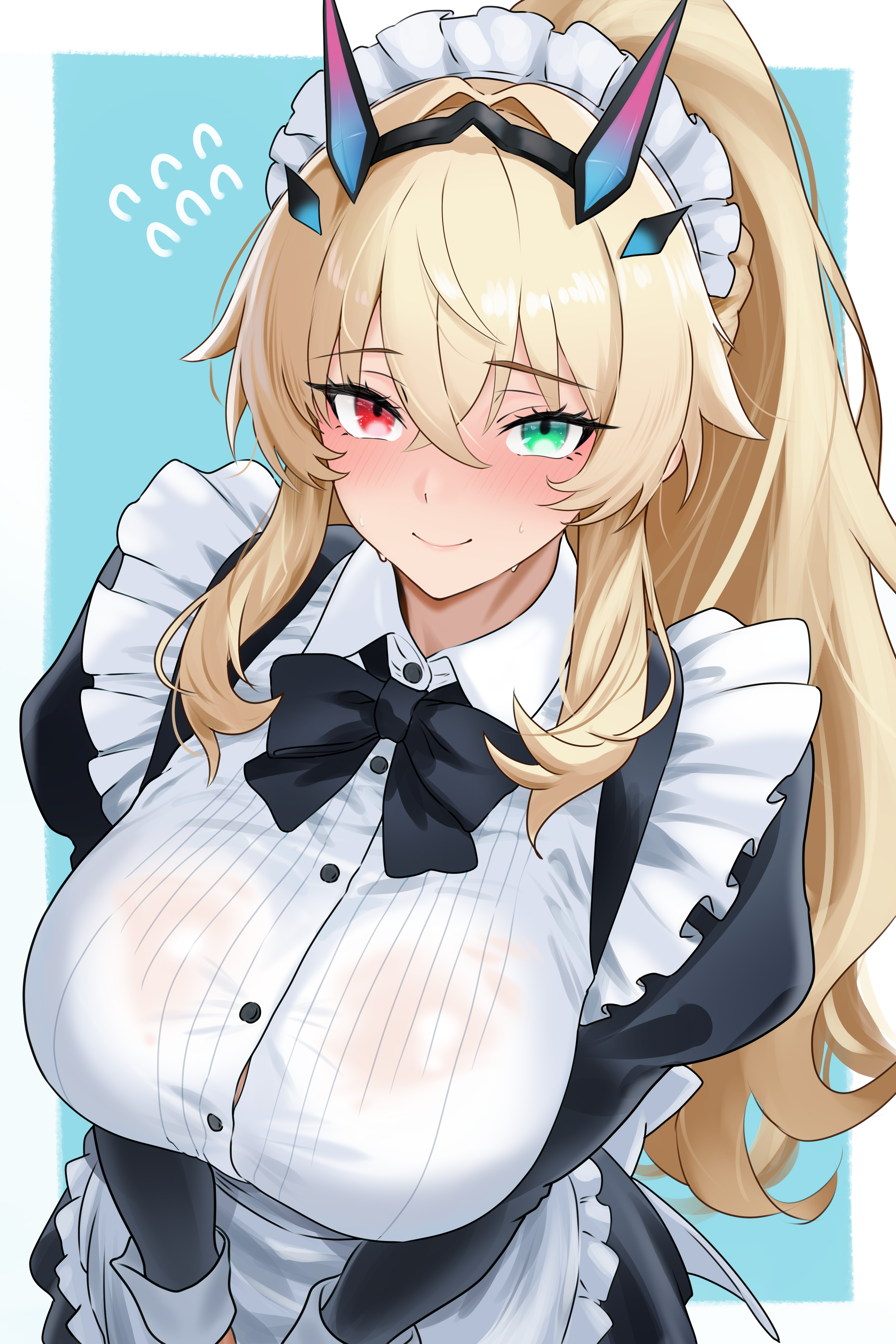 bamboo tac, barghest (fate), fate/grand order, fate (series), absurdres, commentary request, highres, 1girl, apron, black dress, blonde hair, blush, breasts, collared dress, dress, flying sweatdrops, green eyes, heterochromia, high ponytail, horns, large breasts, long hair, long sleeves, looking at viewer, maid, maid headdress, ponytail, red eyes, sidelocks, smile, solo, white apron