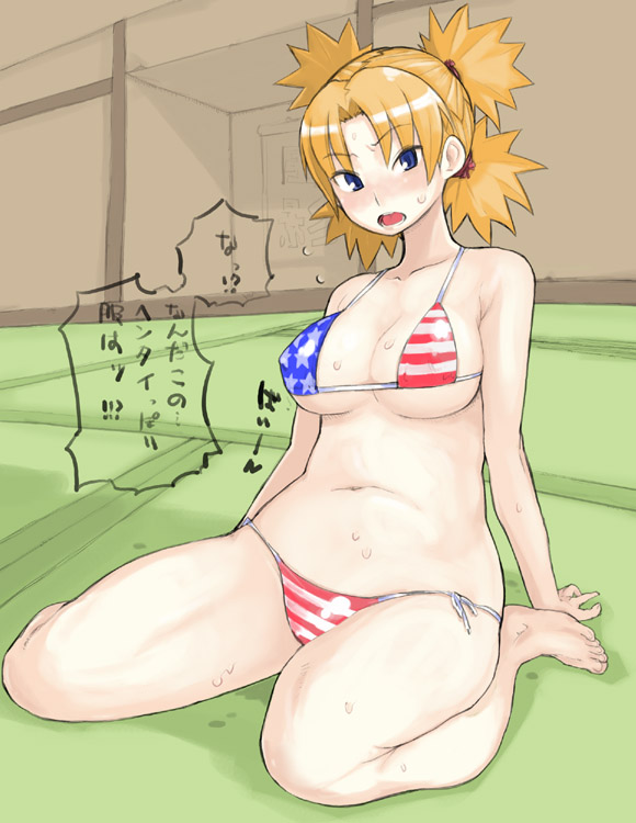 takayama toshinori, temari (naruto), naruto (classic), naruto (series), translation request, 1girl, american flag, american flag bikini, american flag print, american flag swimsuit, barefoot, bikini, blonde hair, blue eyes, blush, breasts, cleavage, cosplay, female focus, flag print, flag print bikini, kneeling, large breasts, open mouth, plump, print bikini, quad tails, side-tie bikini bottom, solo, striped bikini, striped clothes, sweat, swimsuit, united states