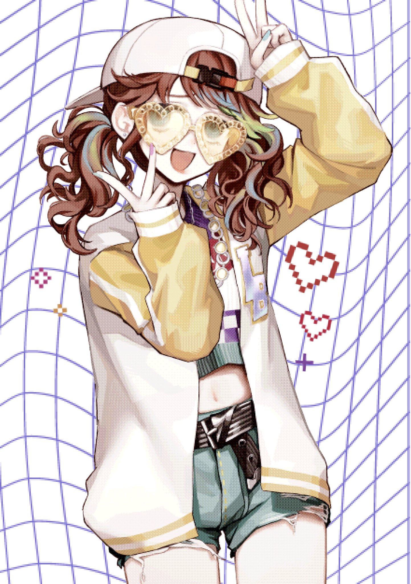 lily barriere, lily barriere (oph.lily), identity v, commentary, highres, symbol-only commentary, 1girl, :d, a4357, backwards hat, baseball cap, belt, black belt, blue streaks, cowboy shot, crop top, denim, denim shorts, double v, green streaks, hat, heart, heart-shaped eyewear, jacket, letterman jacket, lipstick, looking at viewer, makeup, multicolored nails, official alternate costume, open mouth, orange hair, pixelated, shorts, sleeves past wrists, smeared lipstick, smile, solo, tinted eyewear, twintails, v, wavy hair, white jacket, yellow-tinted eyewear, yellow sleeves